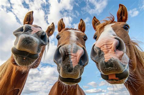 Three goofy horses making funny faces at the camera | Premium AI-generated image