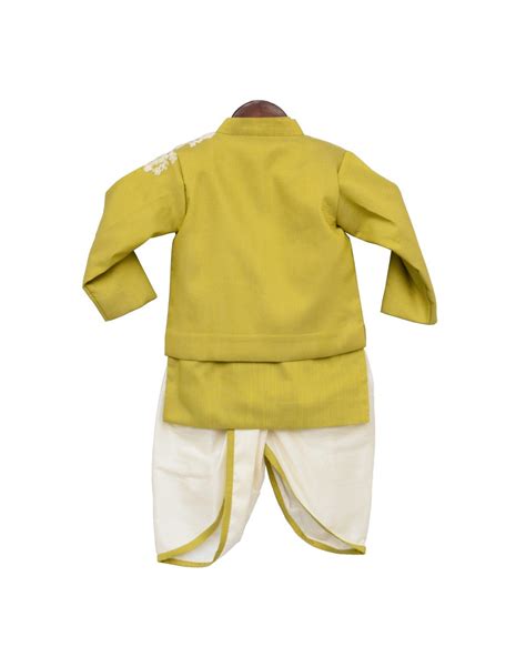 Pre-Order: Green Embroidery Jacket with Kurta & Dhoti– Peony Kids Couture