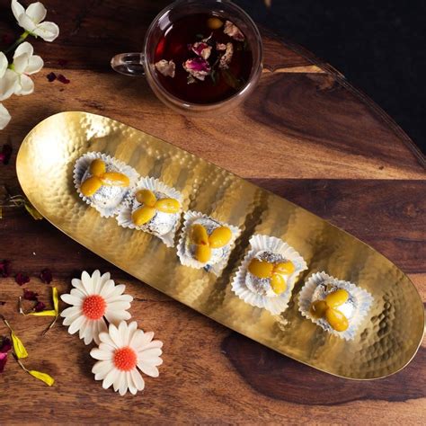 Peepul Tree Brass Serving Tray Platter - Matt Finish Hammered Serveware ...