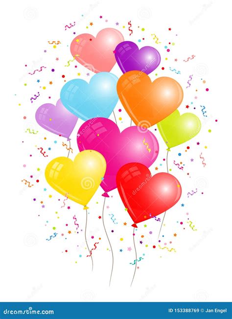 Group of Nine Colorful Heart Balloons Streamers and Confetti Stock ...