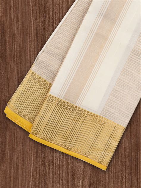 Men Premium Pure Silk Dhoti & Towel Set with 6" inch Gold Jari Border ...