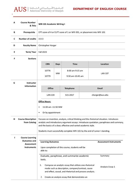 Syl Fall 101 - A Course Number & Title WRI 101 Academic Writing I B ...