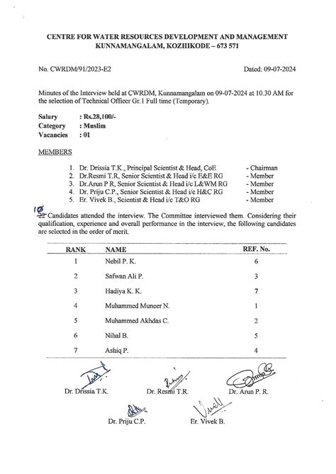 Rank list for the post of Technical Officer Gr.1 Full time(Temporary ...