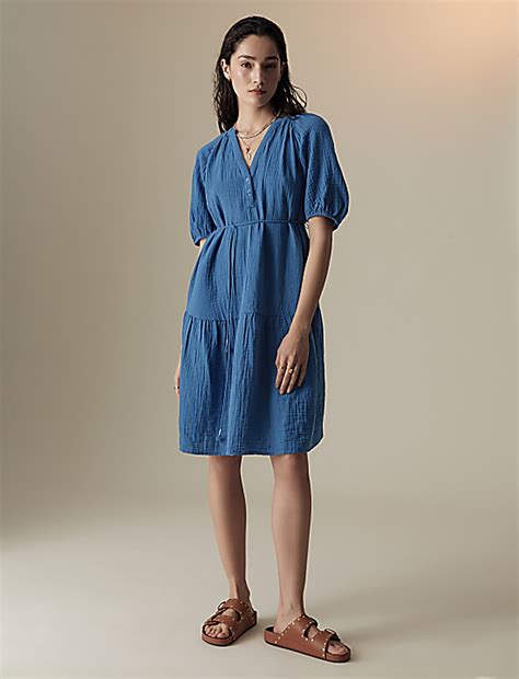 Buy Pure Cotton Textured Notch Neck Tiered Dress at Marks & Spencer