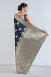Buy Teal Embroidery, Zari Round Neck Dark Blue Woven Banarasi Saree ...