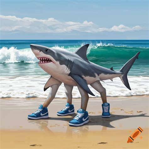 Cartoon shark in sneakers fighting a coffee cup with a gun in crashing ...