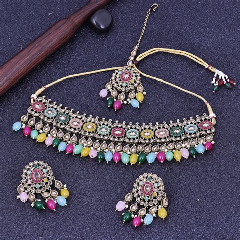 Sukkhi Enchanting Multicolor Gold Plated Pearl Choker Necklace Set Wit