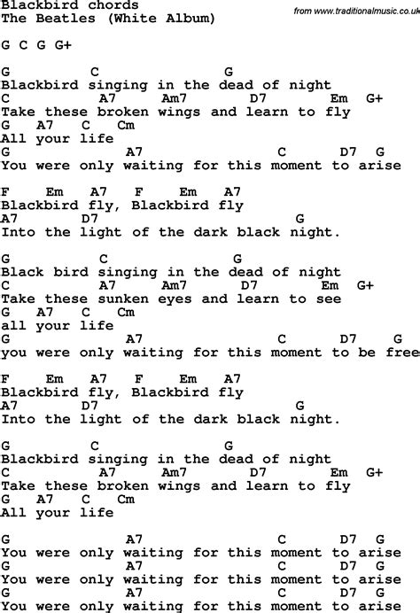 Song lyrics with guitar chords for Blackbird - The Beatles