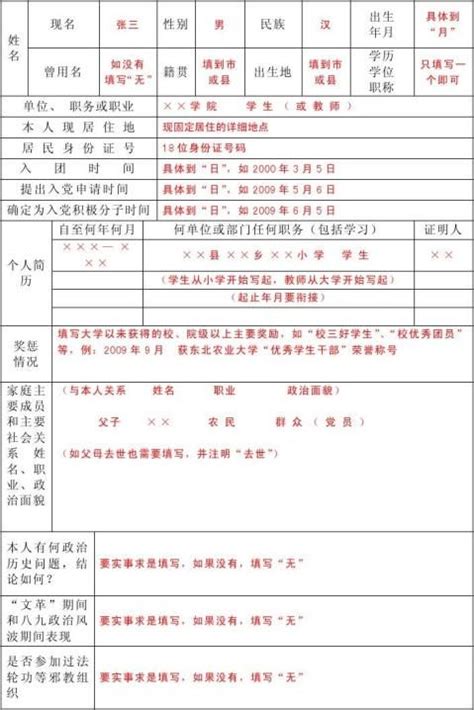 入党积极分子考察登记表(填写范例)