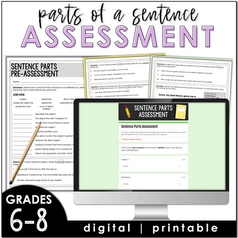 Sentence Parts and Phrases Assessment - Parts of a Sentence Test