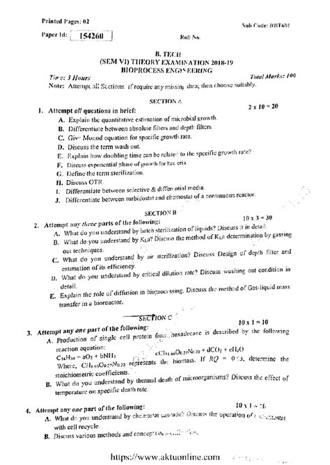 Btech bt 6 sem bioprocess engineering rbt601 2019 - Printed Pages: 02 ...