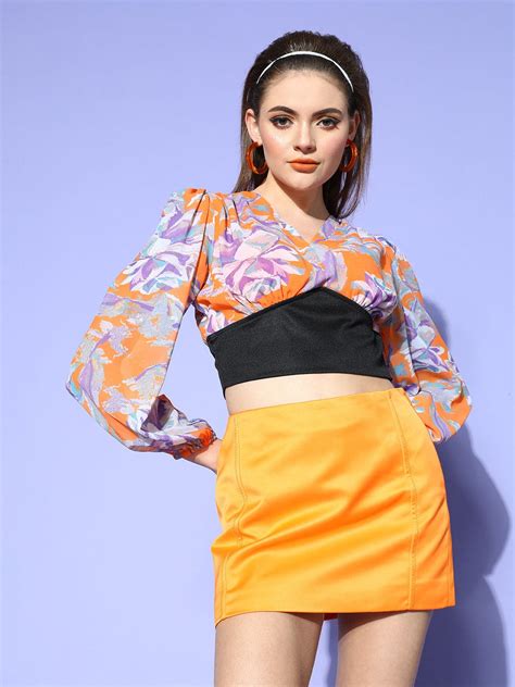 Buy Orange & Purple Floral V-Neck Crop Top Online At Best Price ...
