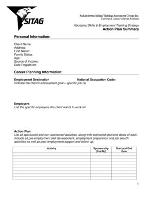 Fillable Online Action Plan Summary Form - Ahtahkakoop Cree Nation Fax ...
