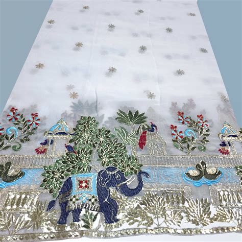 Embroidered Dyeable Georgette Fabric with Elephant & Trees Border ...