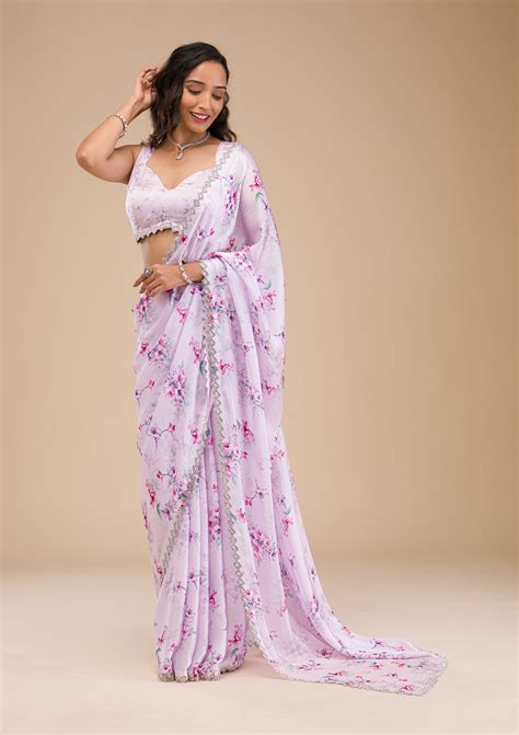 Buy Lavender Printed Satin Saree - Koskii