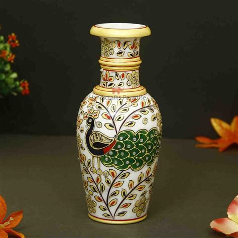 Buy Handicrafts Paradise Marble Peacock Motif Flower Vase 9 Inch Online ...