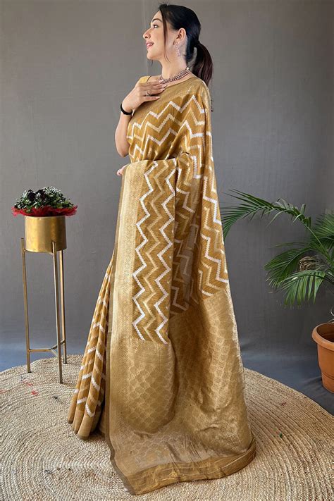 Beautiful Mustard Cotton Silk Saree With Intricate Blouse Piece ...