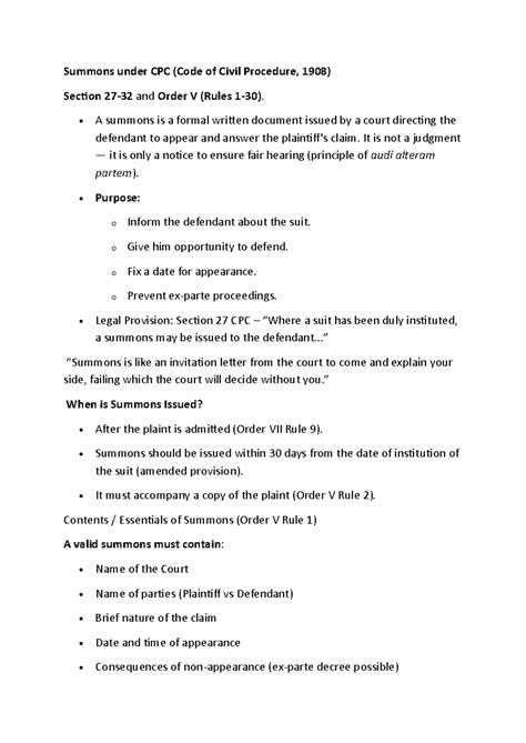 Summons under CPC: Key Provisions & Service Methods (1775911872) - Studocu