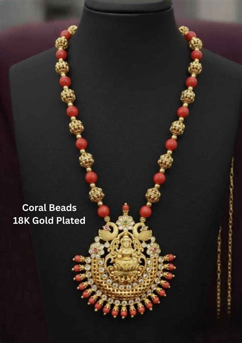Kundan Gold Plated Coral Beads Temple Necklace | Zevana