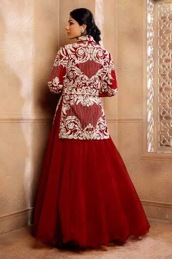 Buy Red Silk, Organza Cut Work, Pearls, Shahi Flower Embroidered Jacket ...