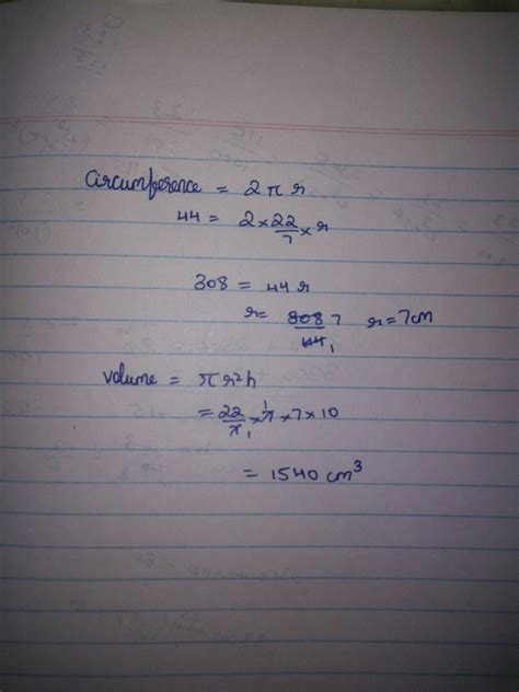 Find volume of a right circular cylinder when the circumference of its ...