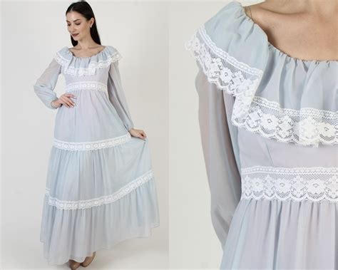 Vtg 70s Pale Blue Boho Wedding Dress Long Bridal Prai… - Gem