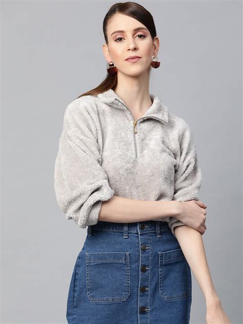 Buy Grey Zip Front Faux Fur Crop Sweatshirt Online at Best Price ...