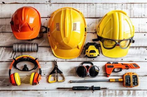 Premium Photo | Standard construction safety equipment on white ...