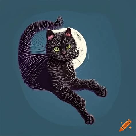 A giant, high definition, fine art, black cat playing with the moon ...