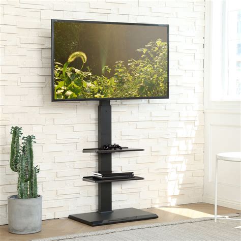 Fitueyes Black Swivel Floor Stand Mount Screens with Shelving Holds up ...