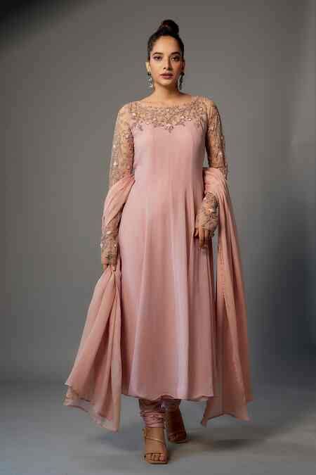 Buy Pink Georgette, Chiffon, Lycra Flower Vine Embellished Yoke ...