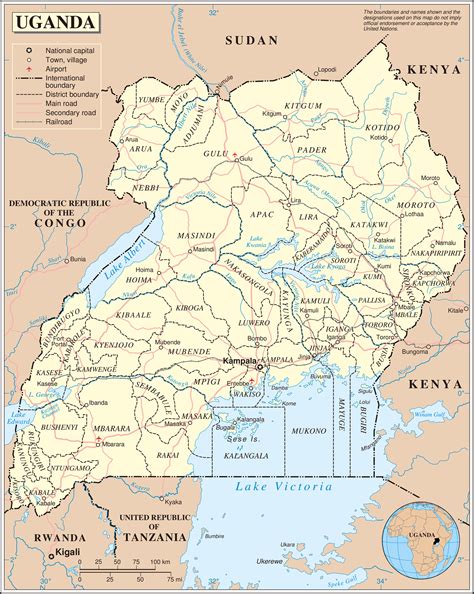 Large detailed political and administrative map of Uganda with all cities, roads and airports ...