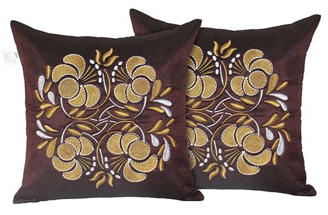 Buy Zikrak Exim Set of 2 Brown Embroidered Cushion Covers 40X40 cm ...