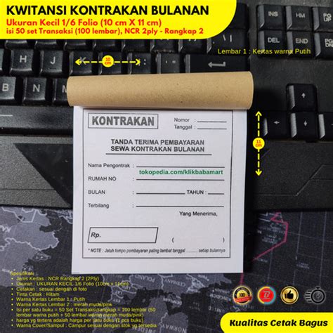 Jual KWITANSI KOST KONTRAKAN RUMAH PETAK BULANAN 1/6 F4 NCR RANGKAP 2 ...