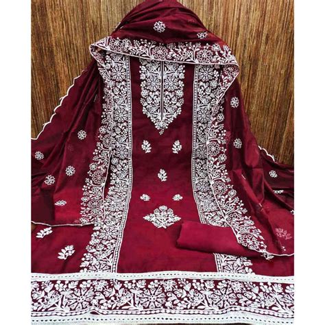 Maroon Floral Embroidered Chanderi Silk Dress Material