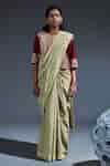 Buy Cream Cotton Round Neck Hand Block Printed Saree And Long Blouse ...