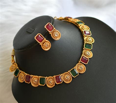 Antique gold tone block ruby-green stone flower necklace set dj-38652 ...