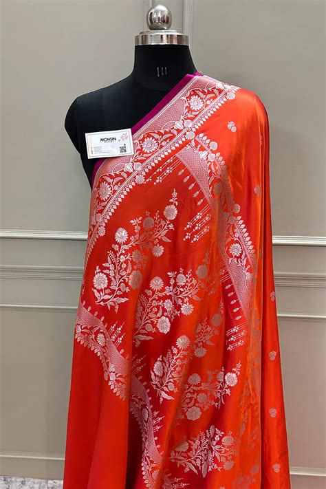 Orange Babri Buti Katan Silk Banarasi Saree – Mohsin Textiles