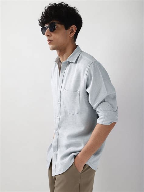 Men's Light Grey Linen Blend Full Sleeve Relaxed Fit Casual Solid Shir ...