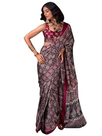 Buy AKHILAM Women's Black Crepe Ajrak Printed Saree With Unstitched ...