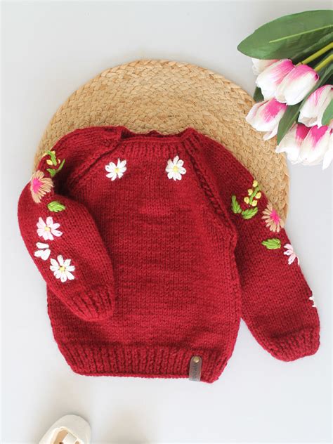 Handknitted Floral Embroidered Sweater for Kids - Maroon