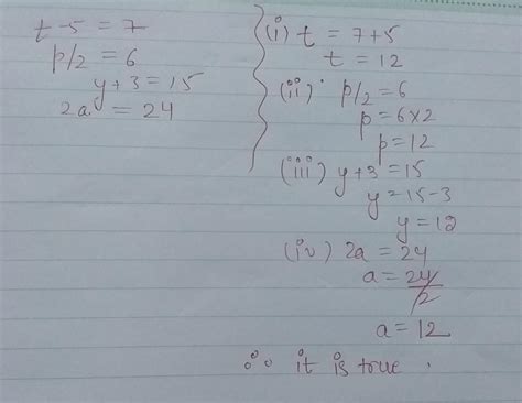 The solutions of the linear equations t-5= 7,p/2= 6, y + 3 = 15 and 2a ...