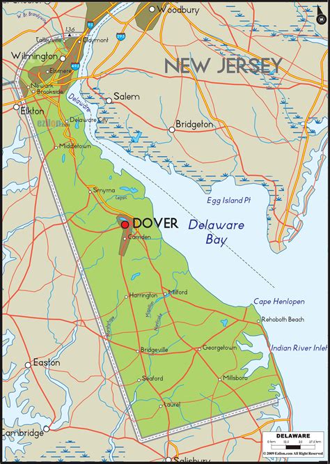 Physical Map of Delaware - Rivers, Bays, Coastline, Inlet and Elevation ...