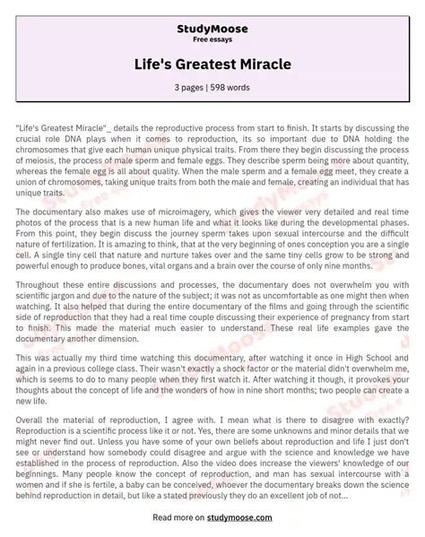 Life's Greatest Miracle Free Essay Example