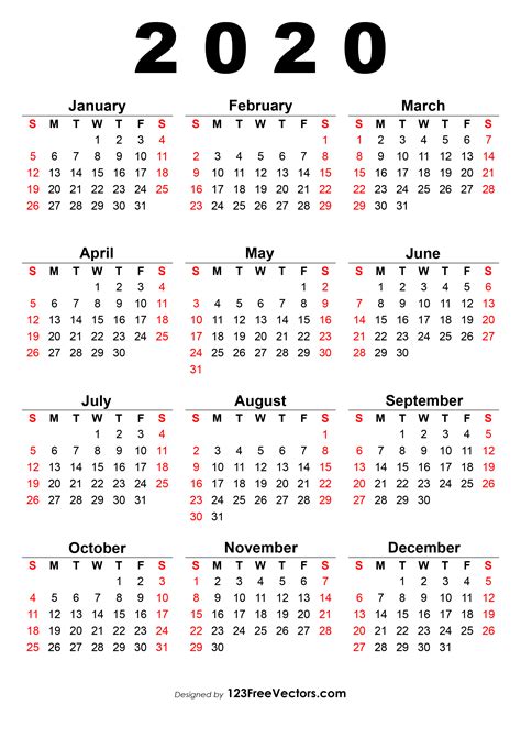 2020 12 Month Single File Calendar Printable Free | Example Calendar ...