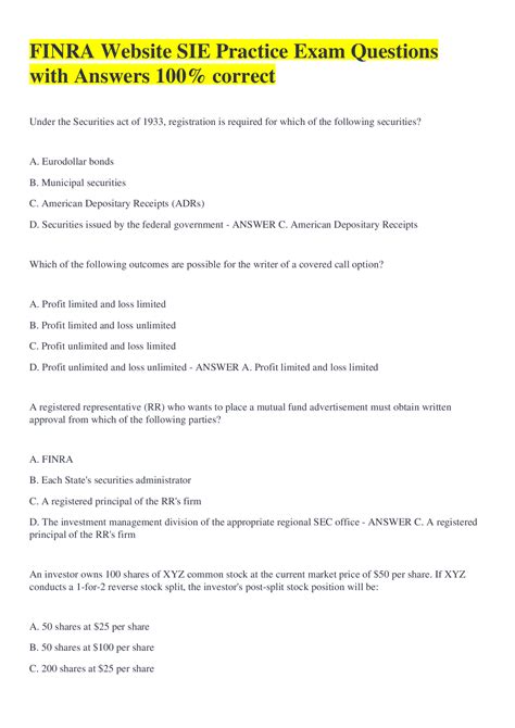 FINRA Website SIE Practice Exam Questions with Answers 100% correct ...