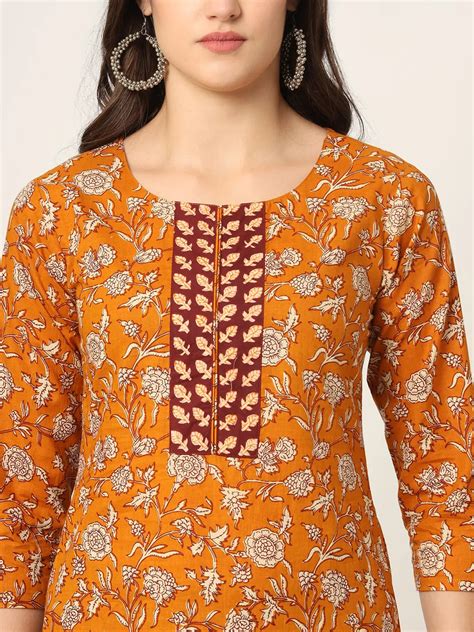 Piping On Yoke Floral Print Mustard Cotton Kurta Set With Dupatta Set ...