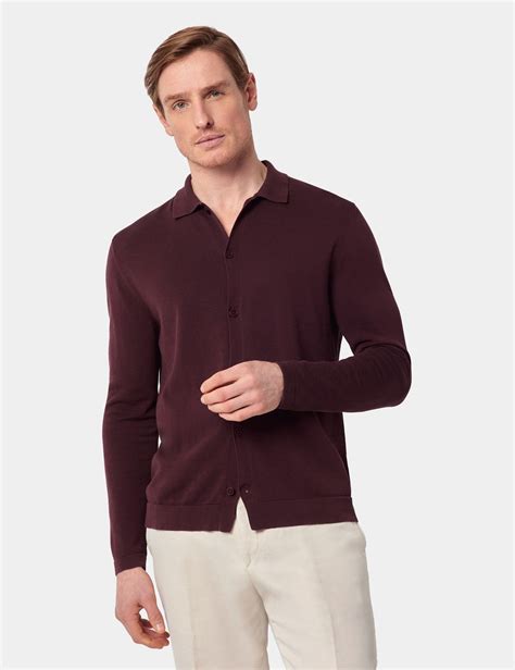 Men's Burgundy Button Through Knitted Cotton Polo Shirt – Long Sleeve ...