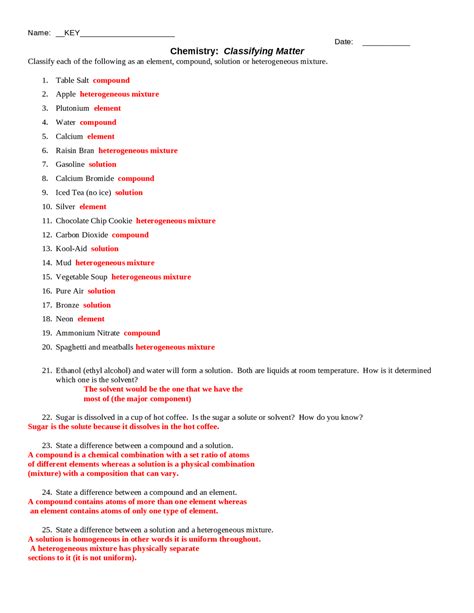 Image result for Classifying Matter Worksheet Answer Key