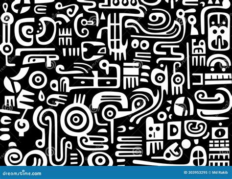 Abstract Pattern in Black and White with Various Shapes and Symbols ...